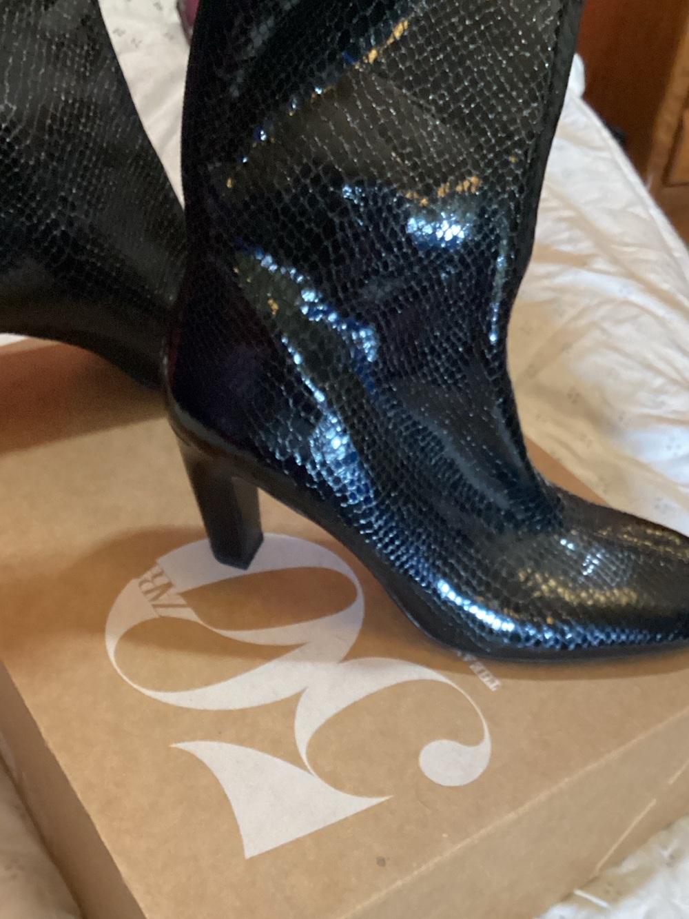 Zara Black Snake-Embossed Mid-Heel Ankle Boots